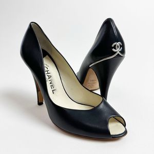CHANEL Black Peep Toe Pumps 40.5 US 10 CC Logo Heels Vintage Classic